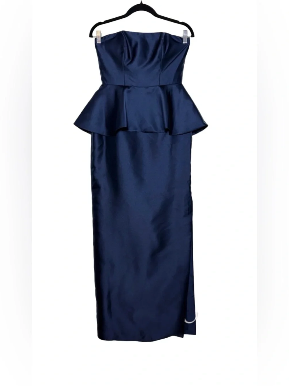 NWT Alfred Sung Strapless Ruffle Peplum Satin Column Gown in Midnight Navy, 2R - Picture 5 of 15